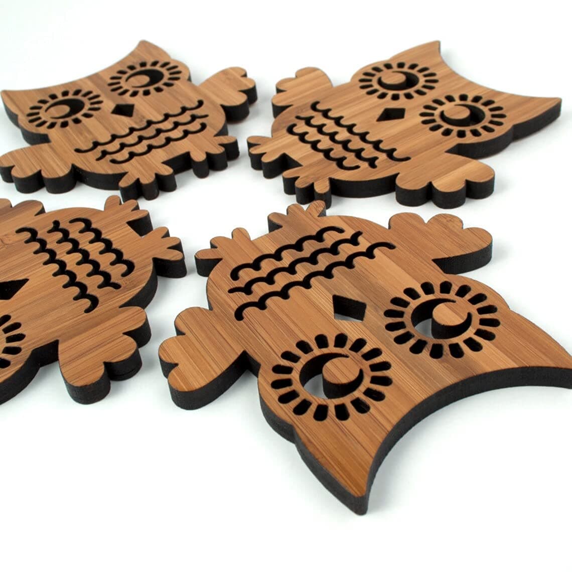 FUN RUN Owl Shape Wooden Handmade Set of 6 with Decorative Holder Table Tea Coasters for Tea Coffee Cups Mugs Multi Color Wood