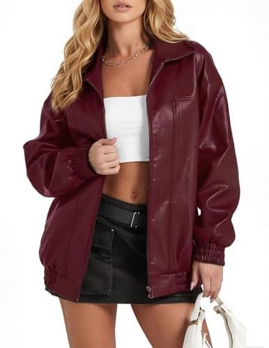 GraceSelect Womens Leather Jackets Plus Size Faux Motorcycle Plus Size Moto Biker Jacket Burgundy Fashion Clothes 2025