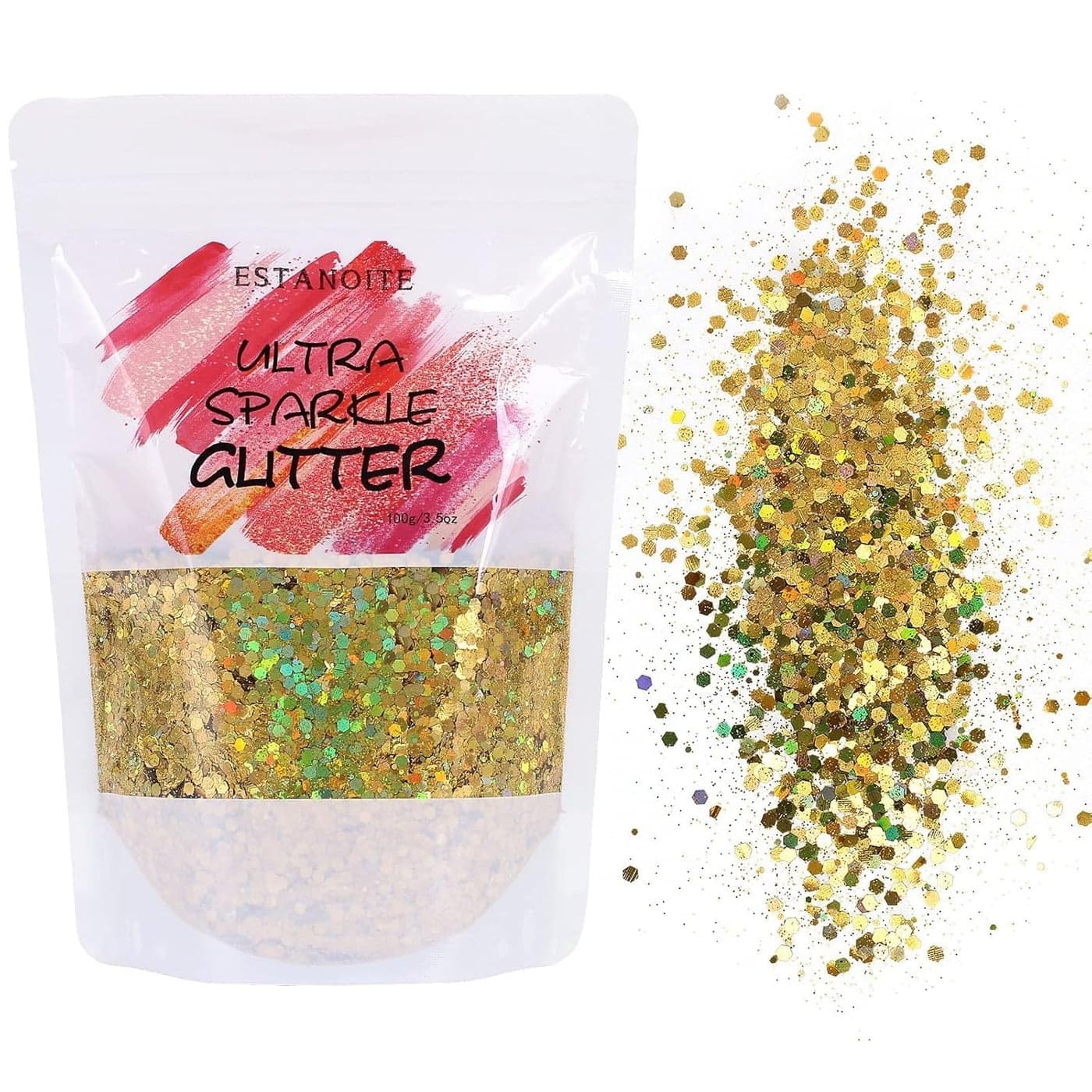 Estanoite Chunky Glitter 100g Mixed Glitter for Craft Cosmetic Nail Body Face Nail Art Epoxy Resin Tumblers Gold