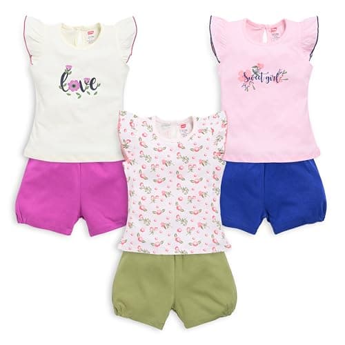 Luvlap Baby Girls Regular Fit 100% Cotton Half Sleeves Girls Top CoSets Pack Of 3, Pink Rose, Off White & Sea Salt, XXL (18 to 24 Months)
