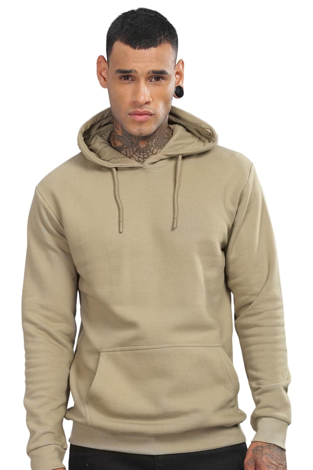 ADRO Men's Cotton Neck Hooded Sweatshirt (H24-PLN-BE_Beige