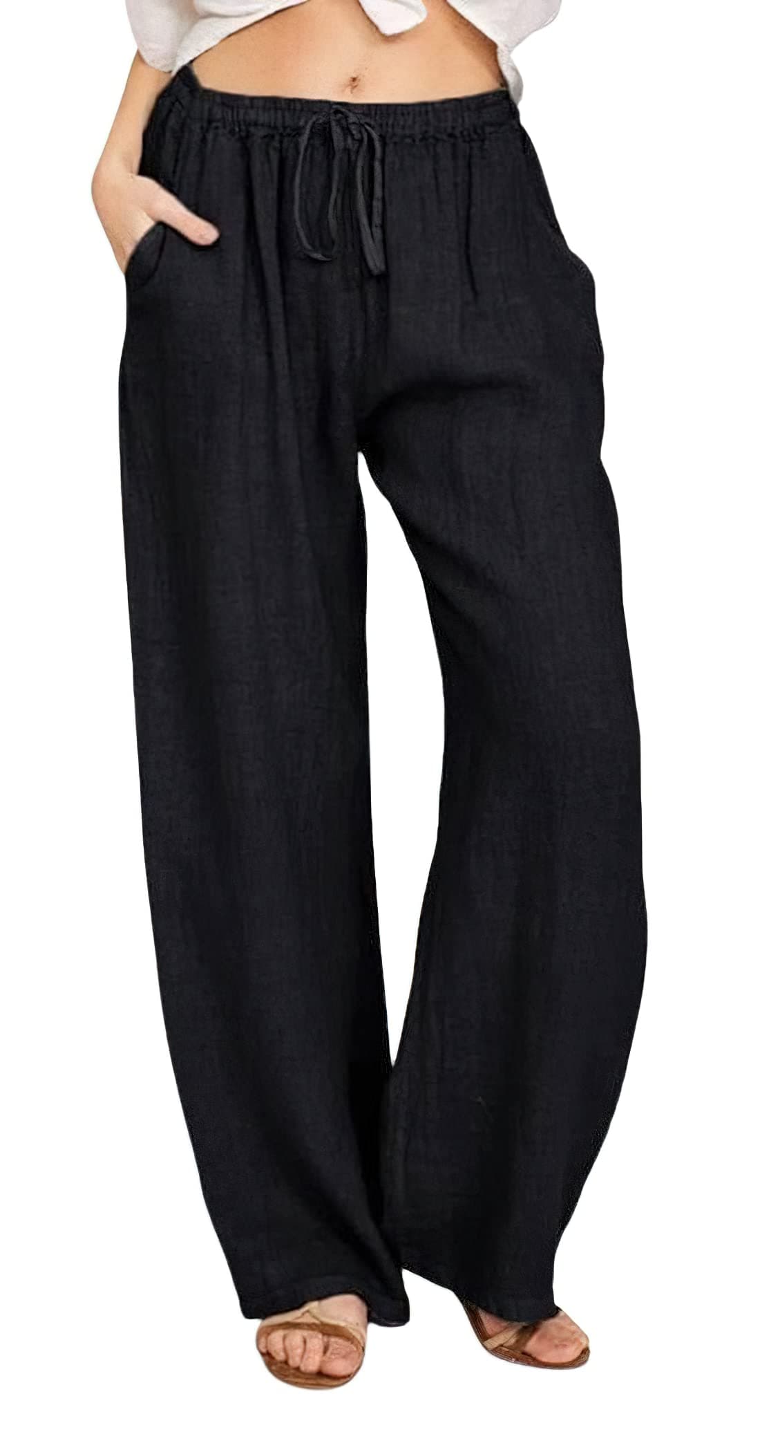 CHARTOU Women's Summer Drawstring Waist Wide Leg Loose Cotton Linen Palazzo Pants (Medium, Black)
