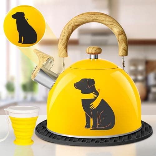 ARC Stainless Steel 2Quart Whistling Yellow Tea Kettle with Magic Color Changing Design Stovetop Teapot With Folding Cup Trivet Mat