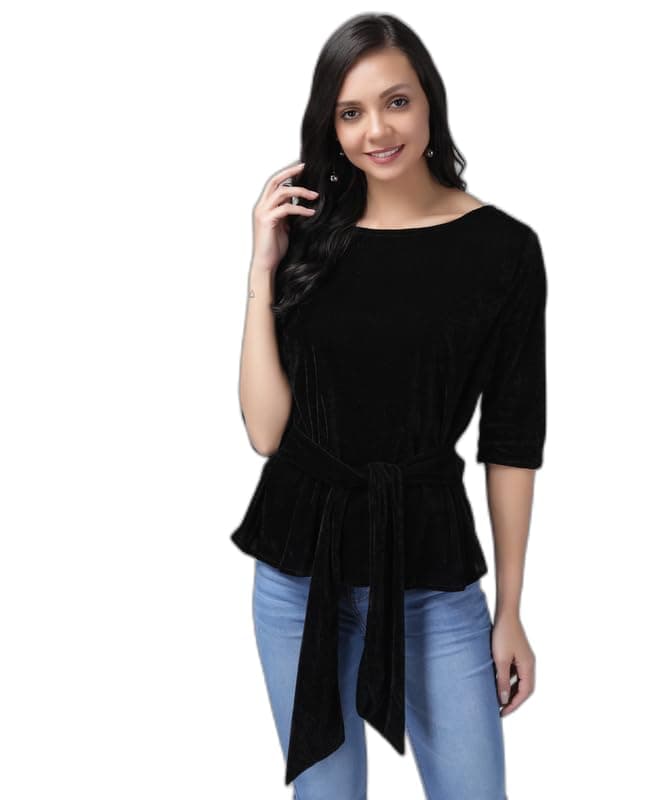 Vaararo Party Top for Women with Front Tie Waistband | Shiny Velvet Half Sleeeves Stylish Outfit Black X-Large