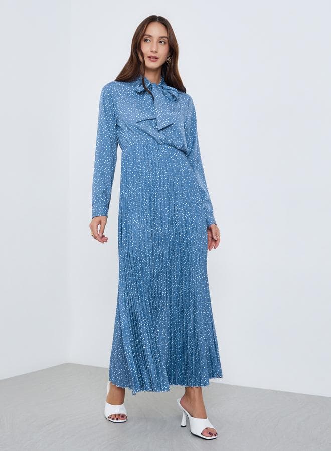 Women Blue Polka Dots Printed Pleated Maxi Dress