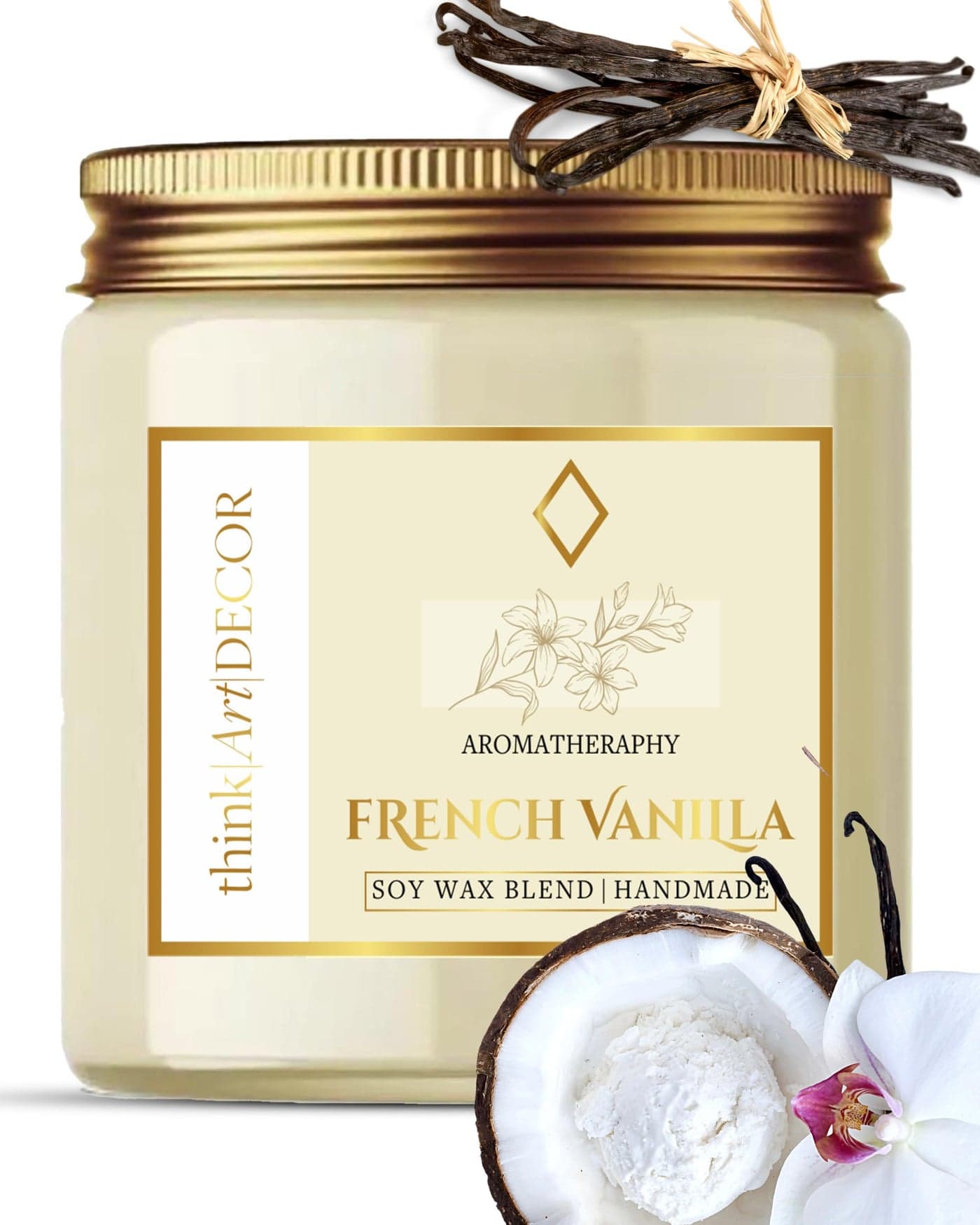 ThinkArtDecor Soy Wax Scented Candles for Home Decoration, Burn Time 35-40 Hrs, Luxury Fragrance Candles for Gifting, Aesthetic Glass Jar Aroma Therapy Candle (French Vanilla)