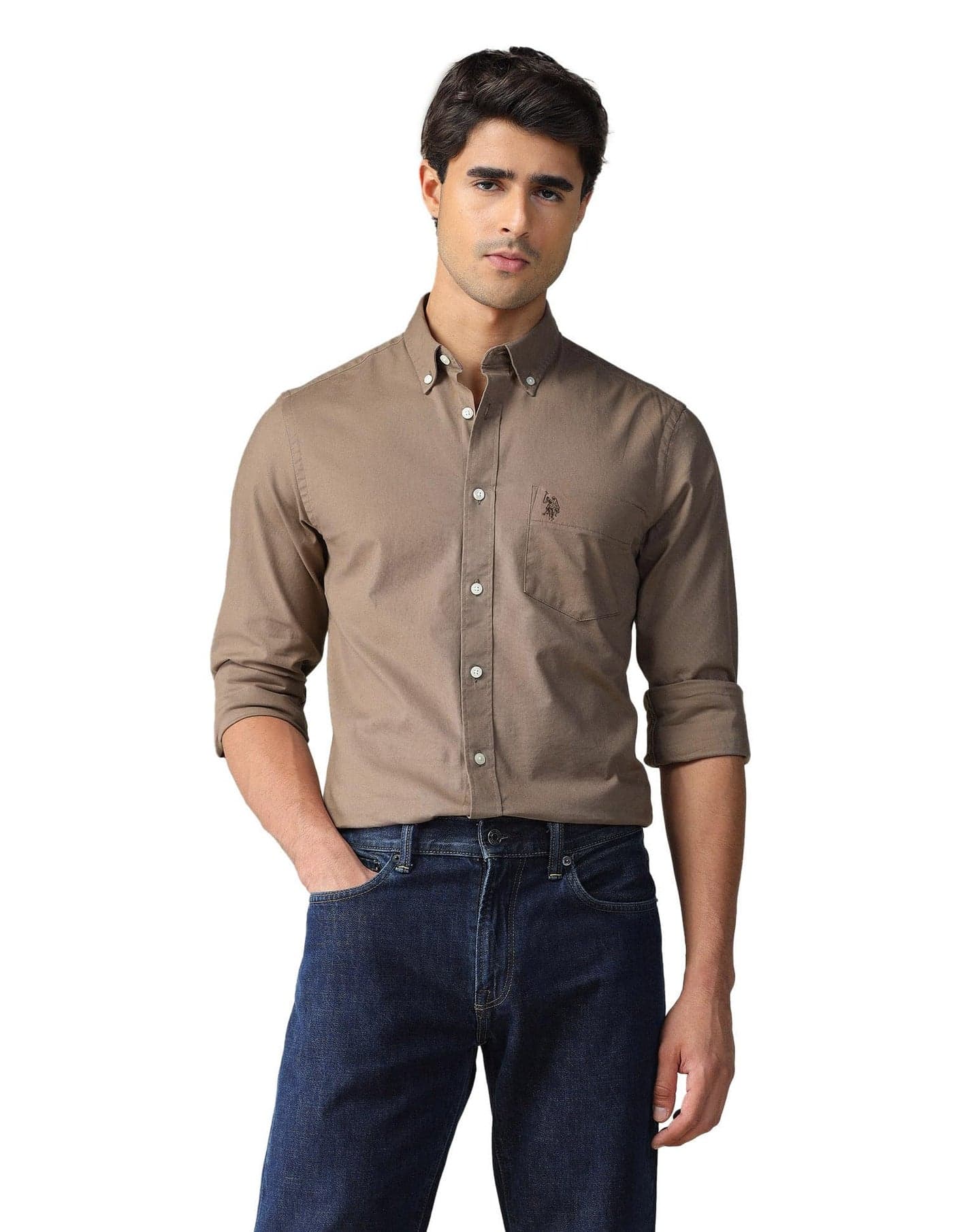 U.S. POLO ASSN. Mens Solid Light Brown Cuff Sleeve Shirt