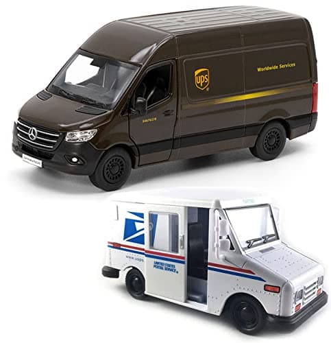 KiNSMART UPS MercedesBenz Sprinter United States Postal Mail Truck Grumman LLV 5 Inch Die Cast Metal Model Toy Van Trucks SetOf2