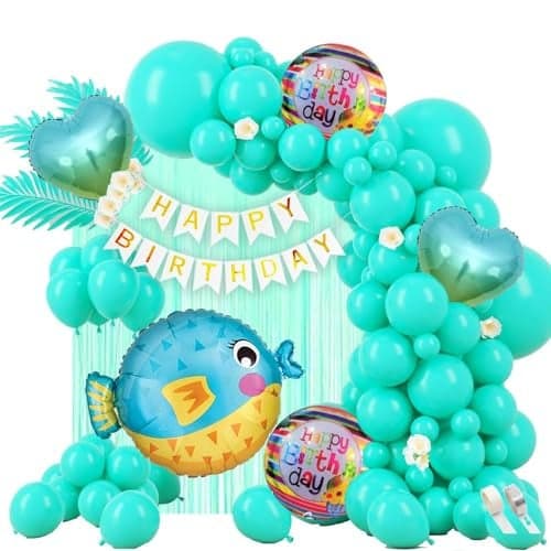Pop The Party 60 Pieces Happy Birthday Decoration Kit | Ocean Pufferfish Theme Foil Balloons for Decorations, Multicolor