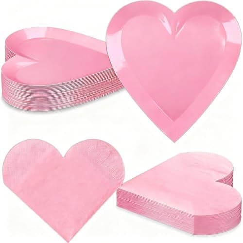 Diltik Pink Heart Shaped Party Plates and Napkins Set – 25PCS 9 Inch Disposable Paper Plates with 25PCS Heart Napkins for Birthday, Mother’s Day, Bridal Shower, Girls Party Decorations