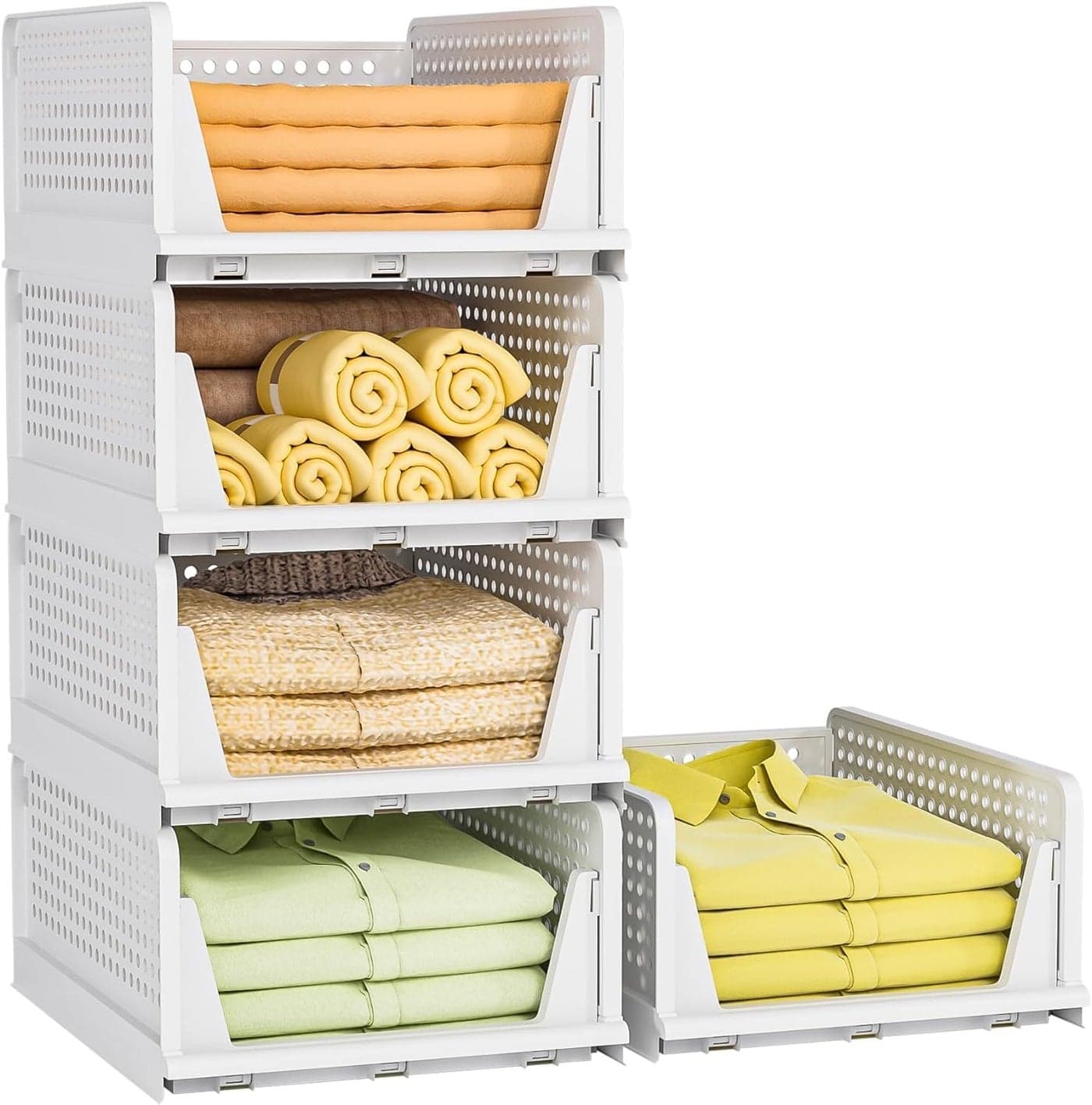 HOMIFLY Set of 5 Large Foldable Cloth Storage Organizer/Stackable Wardrobe Organizer For Clothes/Multipurpose Sliding Basket/Rack Organiser for Storage/Shirt Stacker Box (44 x 33 x 91 cm, White)