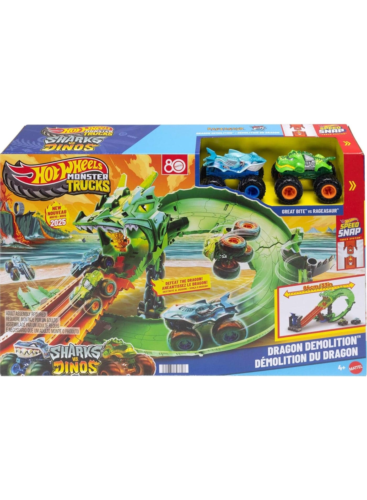 Hot Wheels Monster Trucks Toy Train Sharks vs. Dinosaurs, Destruction of the Dragon, for Children from 4 Years