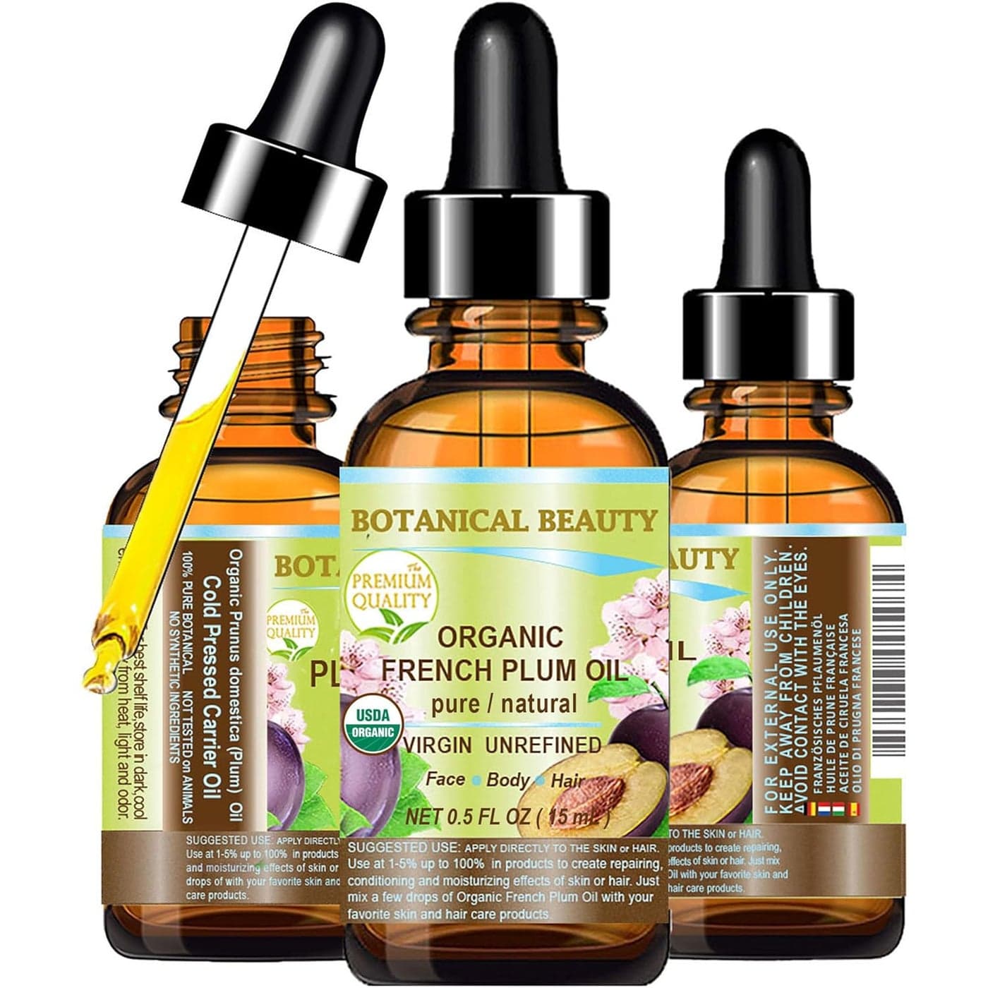 Botanical Beauty Organic French PLUM OIL 100 Pure Natural VIRGIN UNREFINED ColdPressed Carrier Oil 05 Fl oz 15 ml for Face Skin Body Hair Lip Nails Rich in Vitamin E Omega 6 Omega 9