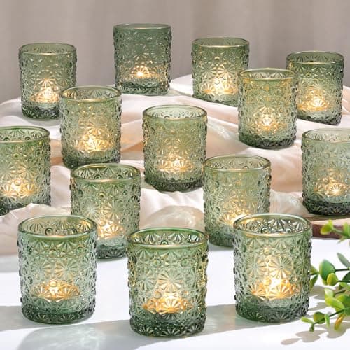 Green Votive Candle Holder Set of 36, Flower Tea Lights Candles Holders for Wedding Table Decor, Birthday Parties, Vintage Home Decor, Bridal Shower and Holiday Decorations