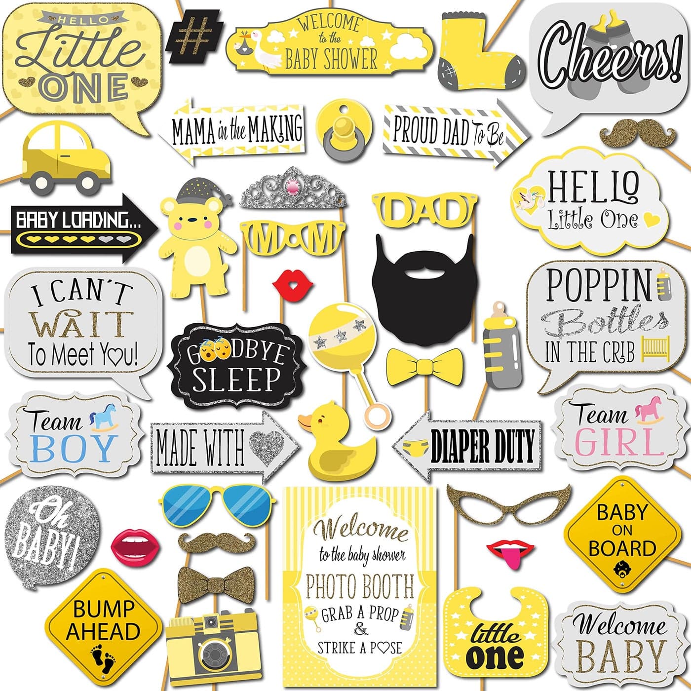 Baby Shower Photo Booth Props 41pc Photo Booth Kit with 8 x 10Inch Sign 60 Adhesive Pads 45 Sticks Baby Shower Decorations Unisex Gender Neutral