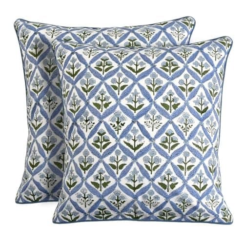 Ridhi Light Steel Blue Block Print Cotton Throw Pillow Covers for Decorative Couch Pillows for Living Room, Chic Boho Cute Outdoor Valentine Pillows Covers Gifts 18x18 Inches
