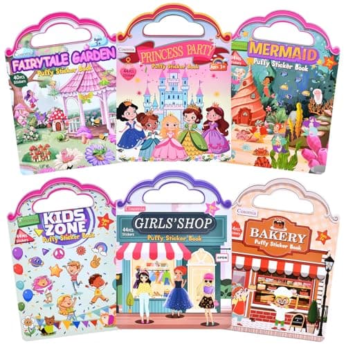 Cosomia 6 Set 260pcs Puffy Sticker Books Activity for Girls Reusable Stickers Book FairytaleGardenPrincess PartyMermaidKids ZoneGirls Shop Travel Book for Kids Ages 3
