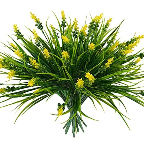 obbsie 12 Bundles Artificial Plants Outdoor, 18.2" UV Resistant Faux Monkey Grass Greenery Stems No Fade Faux Plastic Flowers Shrubs for Home Weddings Garden Porch Front Patio Office Decor - Yellow