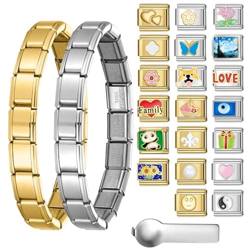 SWEETV Stainless Steel 18 Link Polish Italian Charm Bracelet with 2Pcs Starter Bracelet, 20Pcs Charms and Opening Tools, Classic 9mm Modular Charms, Personalized Jewelry Gift, Gold and Silver Set