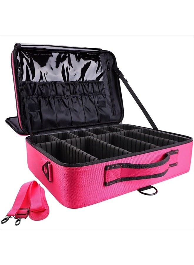 Professional Travel Makeup Case 16 inches Large Capacity Makeup Train Case Portable Artist Cosmetic Brush Organizer Storage Bag With Adjustable Dividers And Shoulder Strap for Toiletry Jewelry
