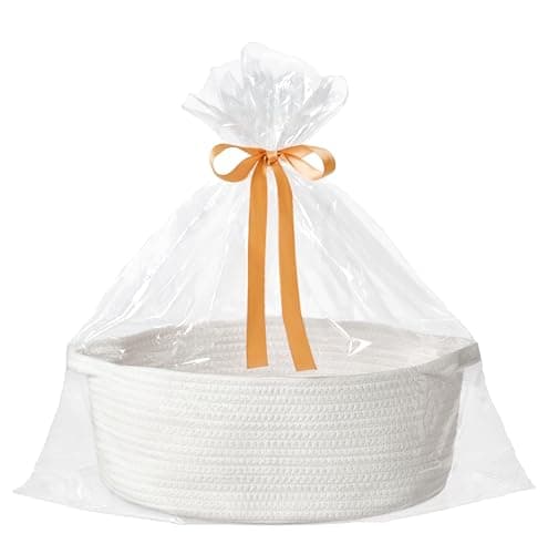 Kodomoore Small Woven Gift Basket Empty with Bag & Ribbon - Gifts for Mom, Baby Shower, Birthdays & Raffle - Cotton Rope Storage Basket for Dog Toys or Shelf - 13.4"x10"x5.5", Large, White