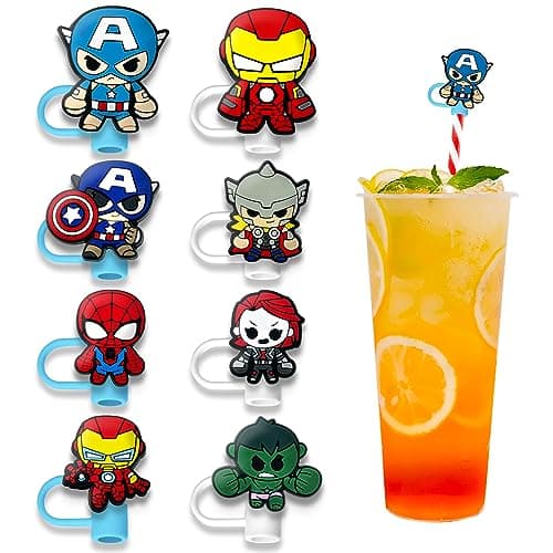 8Pcs Straw Covers Cap for Tumblers Cute Cartoon Straw Topper Silicone Straw Tip Covers for Drinking Straws 8Pcs Hero 8mm 7L
