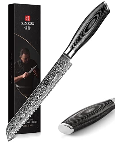 XINZUO Bread Knife 8 Inch,Professional Damascus Serrated Knife for Homemade Bread,Razor Sharp,Wide Wavy Edge for Bread, Bagels,Pizza and Cake, Gift Box Package