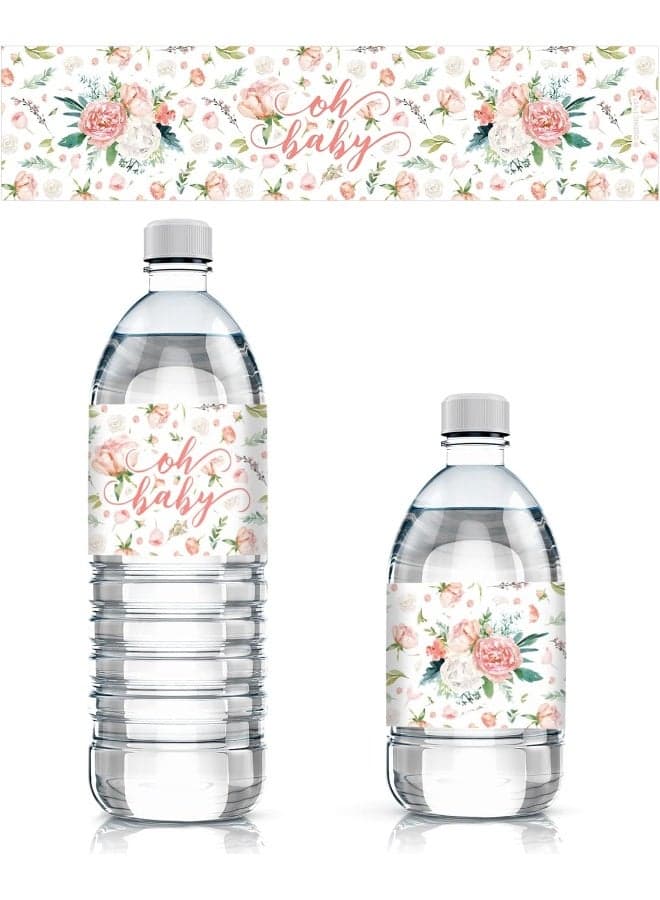 DISTINCTIVS Pink Floral Baby Shower Water Bottle Labels - 24 Stickers