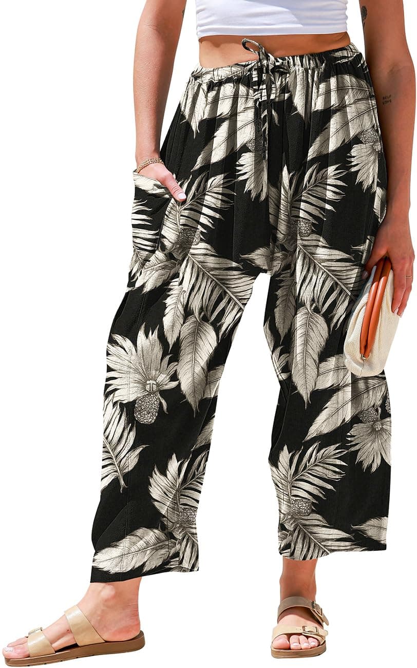 TARSE Womens Linen Wide Leg Pants Casual Loose Drawstring Low Waist Beach Palazzo Harem Pants with Pockets M