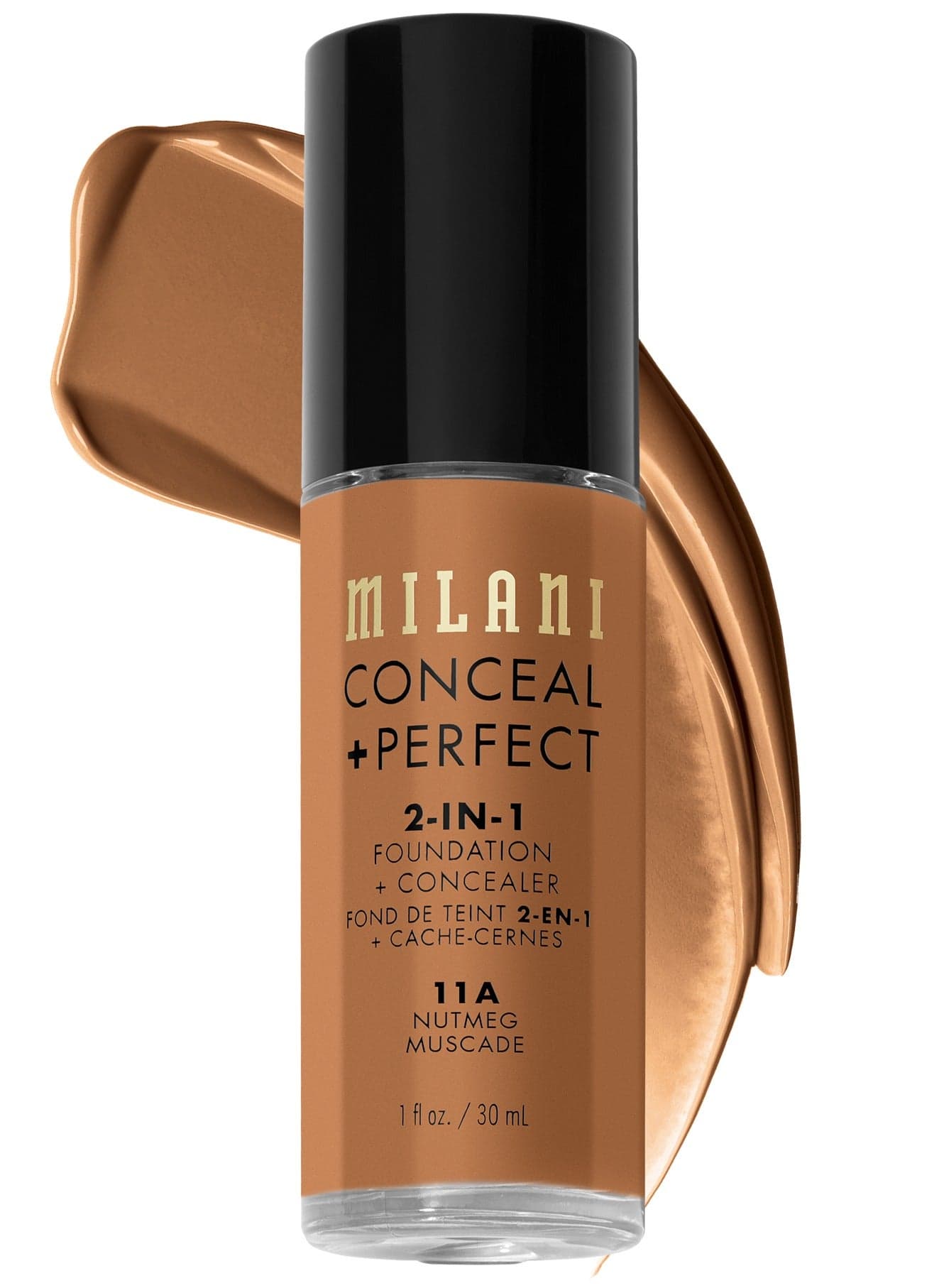 Milani Cosmetics Conceal + Perfect 2-In-1 Foundation + Concealer 11A Nutmeg Deep Bronze with Deep Yellow Undertone 30ml – Full Coverage, Lightweight, Long-Lasting, Water-Resistant, Oil-Free, Vegan & Cruelty-Free