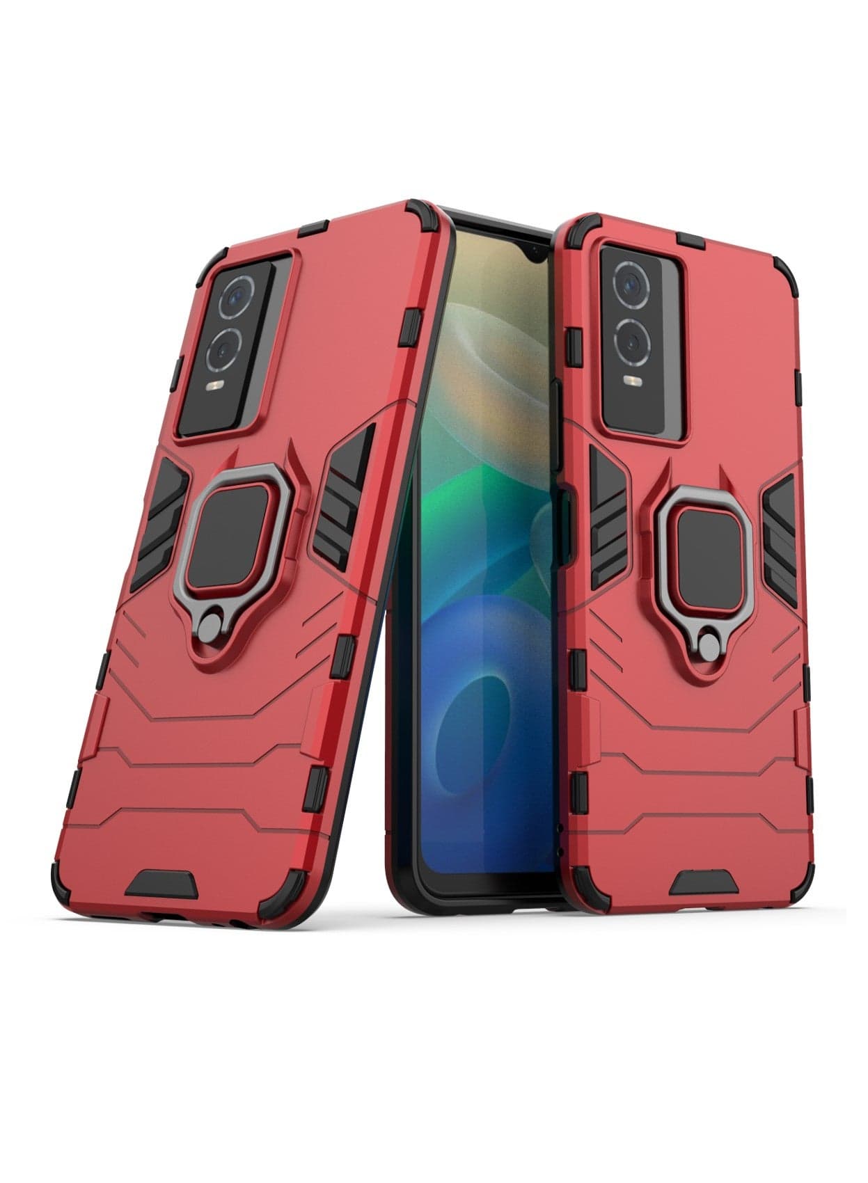 Protective Vivo Y76s Cases Cover with Ring Car Mount Kickstand Red