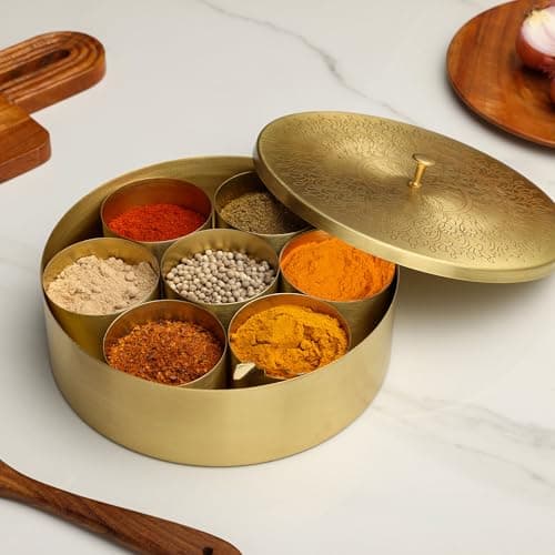 dudki Handicrafted Pure Brass Spice Box Masala Dabba Masaladani Spice Box Organizer For Kitchen Masala Dani With 7 Containers And A Small Spoon (Mandala),Gold