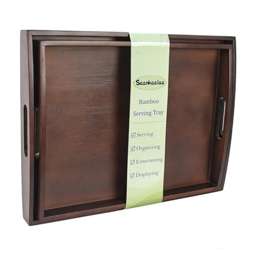 Bamboo Serving Tray with Handles, Set of 2 Large Wood ServingTrays for Food & Coffee, Elegant Wooden Tray for Breakfast in Bed, Kitchen & Party & Entertaining - Black Walnut Finish