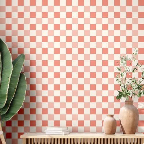 Drydiet Pink Checkered Peel and Stick Wallpaper 70s Retro Funky Checkered Contact Paper Geometric Waterproof Wallpaper Neutral Checkerboard Decor for Bathroom Cabinet(9.8' x 15.75'')