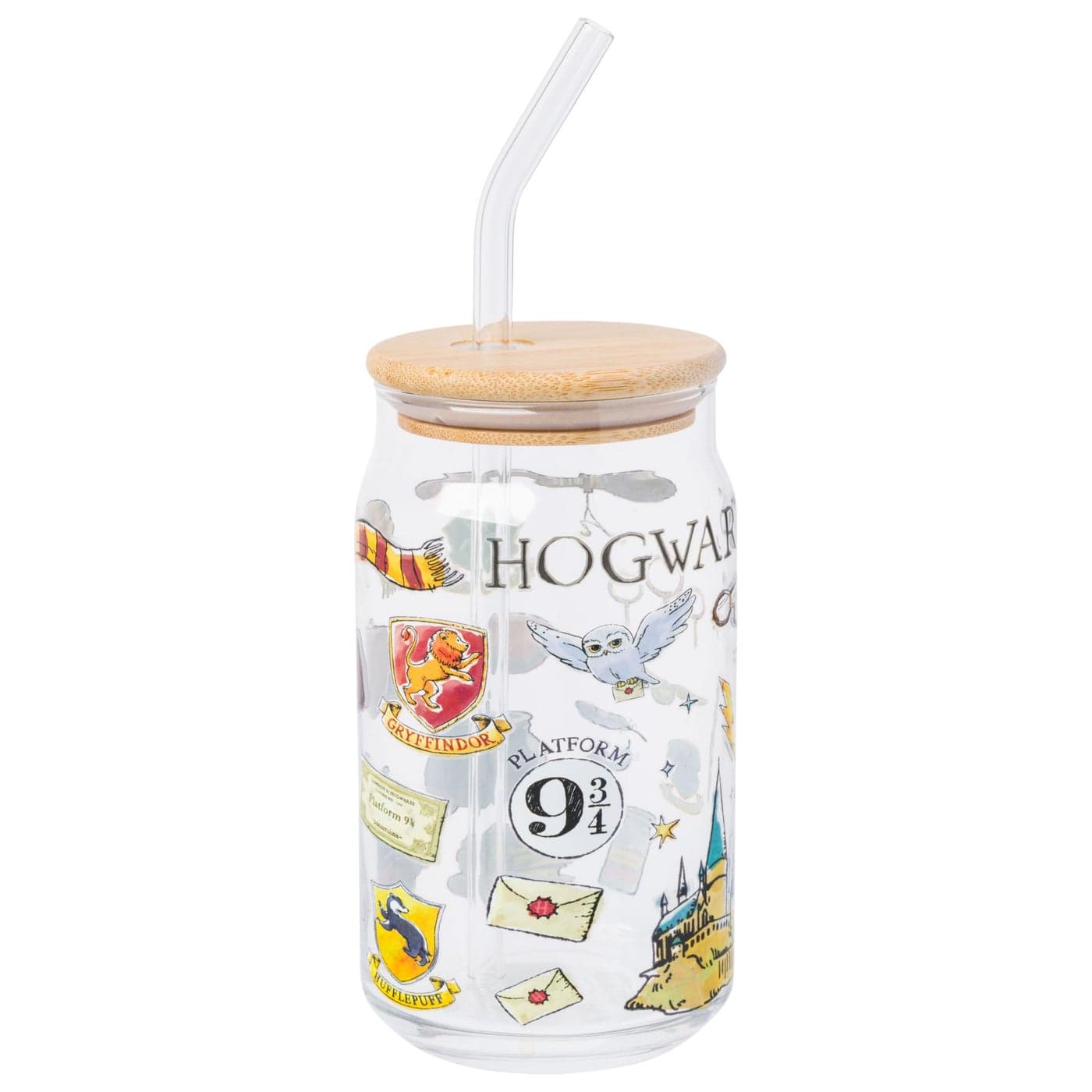 Silver Buffalo Harry Potter Hogwarts Platform 9 34 Gryffindor Hedwig Glass Jar Tumbler with Bamboo Lid and Glass Straw 16 Ounces