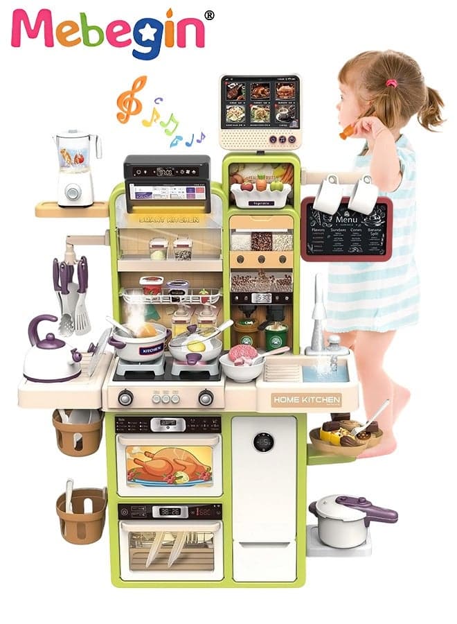 Pretend Kitchen Toy Set with Rich Accessories, Kitchen Play Set Toy with Realistic Light, Sound and Steam Simulation, Creative Kitchen Cooking Playset Toys with Touchscreen Ordering Function, Ideal Gift for Kids, 66*22*95cm