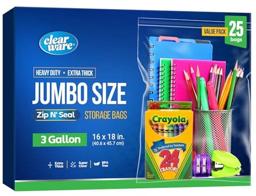 Clearware 25 Large Plastic Bags With Zipper Top 3 Gallon Bags 16 x 18 Extra Large Storage Bags for Clothes Travel Moving Reusable freezer bags BPAFree 2mil Thick