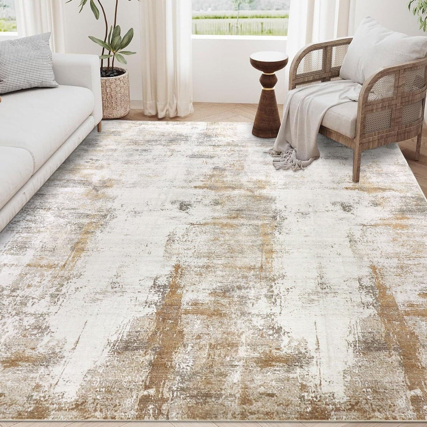 famibay 5x8 Area Rug Abstract Washable Rugs for Living Room Low Pile Neutral Area Rug for Bedroom Aesthetic Non Slip Rubber Backed Carpet Rugs for Living Room Bedroom Dining RoomBeigeCamel