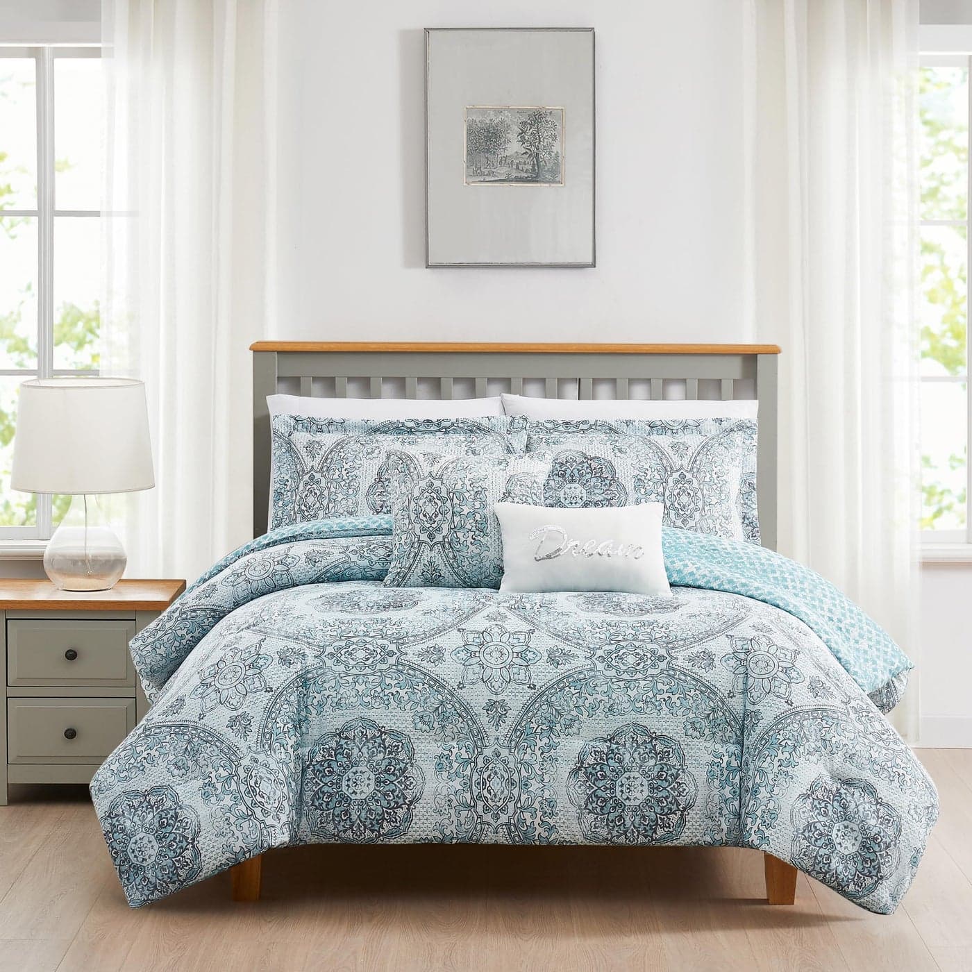 Boho Living Comforter Set Picadilly Queen Bedding 5 Piece Set Includes Reversible Comforter 2 Decorative Pillows 2 Pillow Shams 100 Polyester Microfiber Bedroom Dcor BlueGray