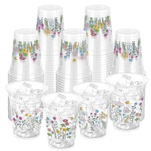 ZCPTZ 100 Pcs Wildflower Plastic Cups 12 oz Floral Party Cups Vintage Floral Drinking Cup Flower Spring Summer Disposable Cup for Spring Groovy Party Wildflower Baby Shower Birthday Supplies