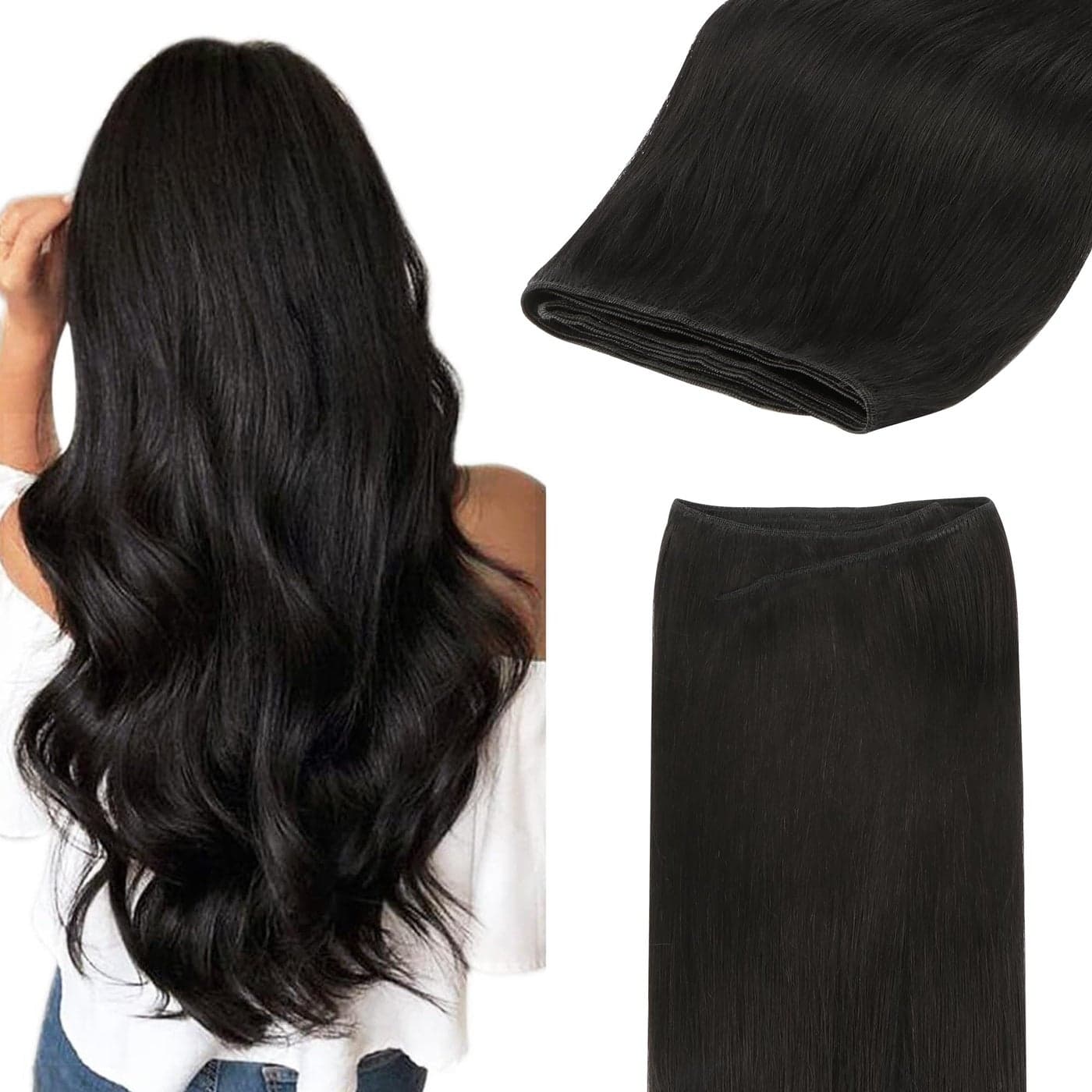 GOO GOO Sew in Hair Extensions Real Human Hair Weft Hair Extensions Human Hair 1B Natural black 20inch 105g Weft Bundles Straight Silky Remy Hair
