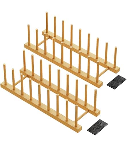 BusyePa Bamboo Dish Drying Rack 2Pack Plate Organizer for Kitchen Cabinet Vertical Plate Holders with 8 Compartments