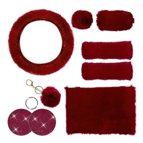 10PCS Fluffy Car Accessories Set Furry Steering Wheel Cover with Warm Fuzzy Gear Shift Cover Ball Keychain Handbrake Cover Console Seat Belt Shoulder Pads Diamond Ignition Ring Cup Mats Red