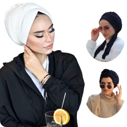 White Dubai Turban for Women, Breathable Instant Turban|Standard Size Stretchable Cotton, Non-Slip Sandy|Casual Sports, Swimming, Special Days|Pre-tied Scarf, Hijab Cap&Undercap, Head&Hair Wrap