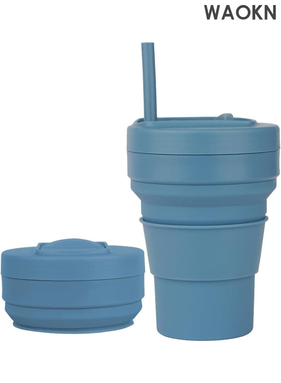 Collapsible Coffee Cup - 16oz Reusable Travel Mug with Leak-Proof Lid & Silicone Straw - Compact Pocket-Size Design for Hot/Cold Drinks - Eco-Friendly BPA-Free Silicone To-Go Cup for Coffee, Tea, Smoothies - Perfect for Camping, Commute (Bule)