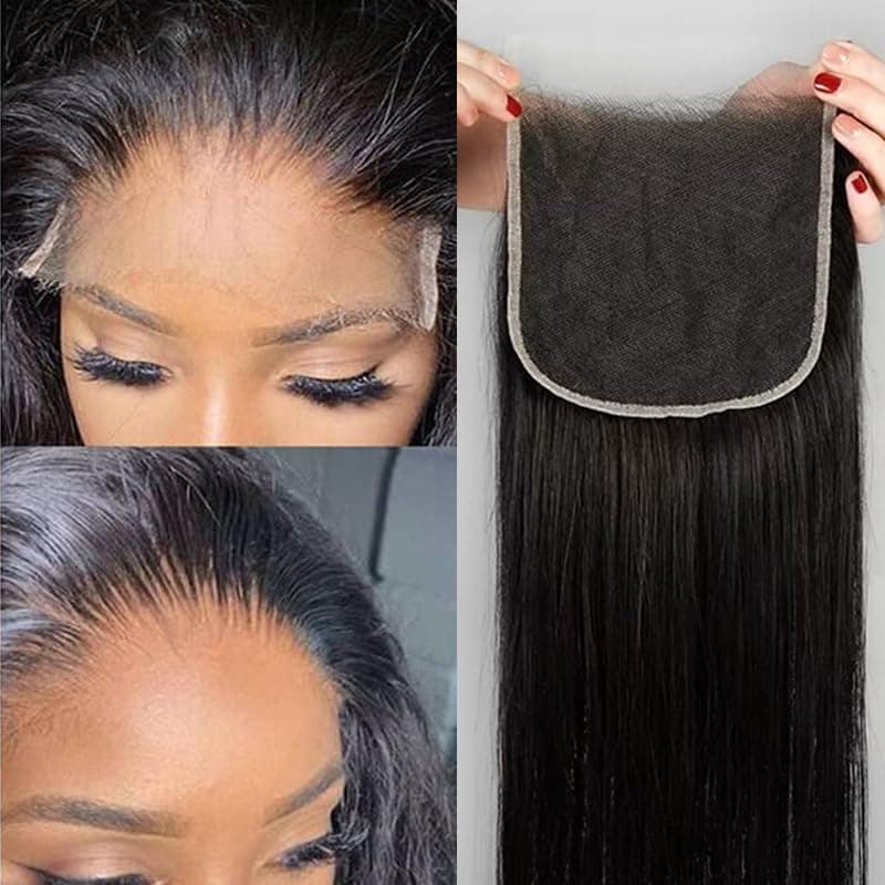 KRN 5x5 Real HD Lace Closure Serrated Edge UltraThin Invisible Lace Closure Human Hair Natural Black 12A Grade Brazilian Virgin Hair Single Knot 5x5 Lace Closure PrePlucked with Baby Hair 14 Inch