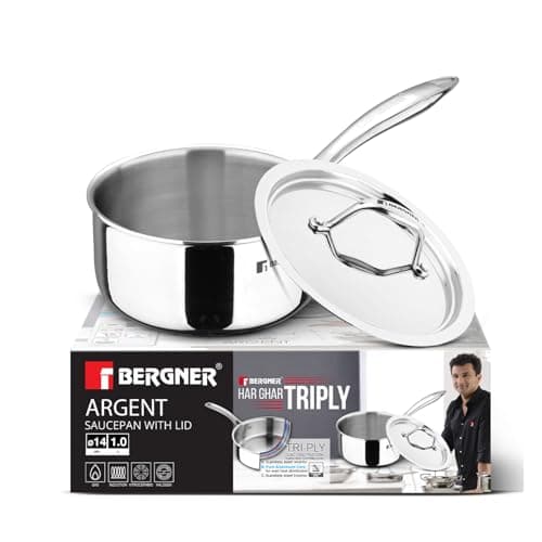 Bergner Argent Triply Saucepan with Stainless Steel Lid, 18cm / 2.2 litres Teapan/Milkpan, Stay Cool Cast Handle, Food Safe, Healthy Cooking, Durable, Easy to Clean - Induction and Gas Stove Ready