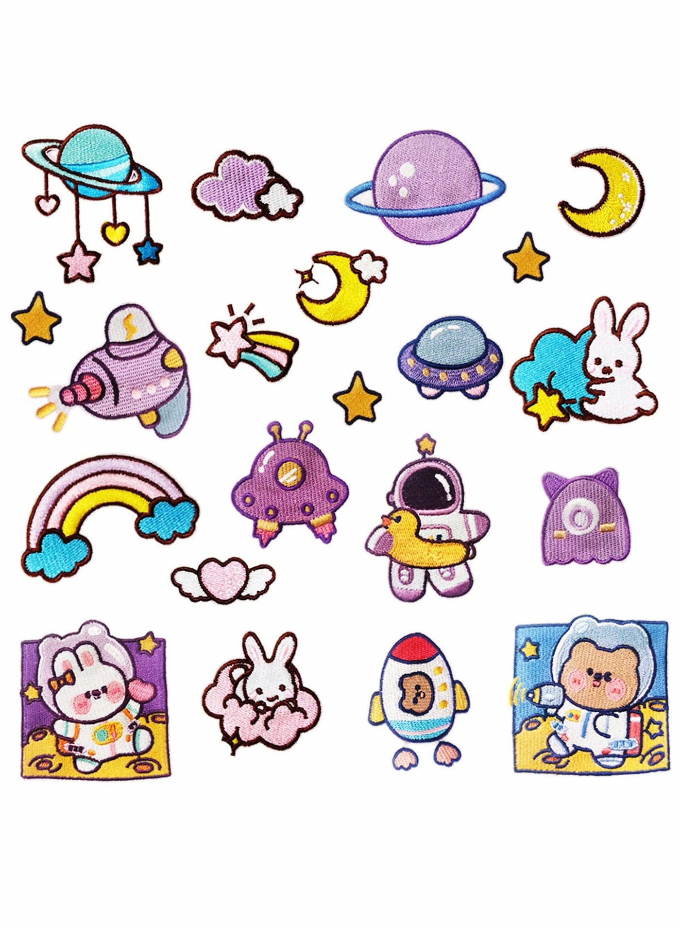 Purple Space Astronaut Iron On Patches Applique Stickers Starry Sky Space Rabbit Space Bear Embroidered for Clothes Jacket T-Shirt DIY Accessories Shoes 21 PCS