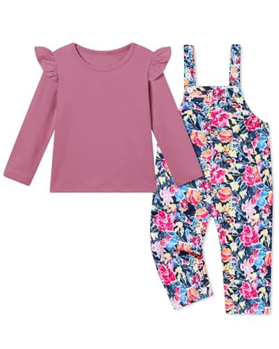 YUEMION Toddler Girl Clothes 2Pcs Baby Girl Outfit Fall Winter Clothing Floral Long Sleeve Top+ Overall Pants Set (Purple, 3-4T)