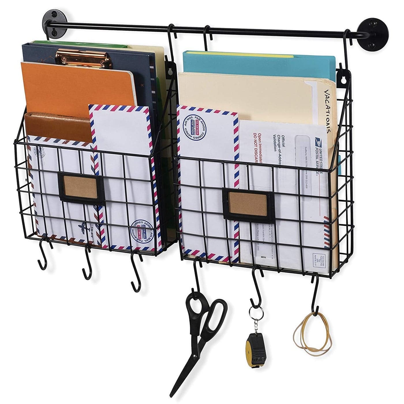 INDIAN DECOR Wall File Holder Multi Purpose Wall Mount Hanging Folder Mail Organizer with Rail 2 Metal Wire Baskets Hooks Rustic Industrial Style Black